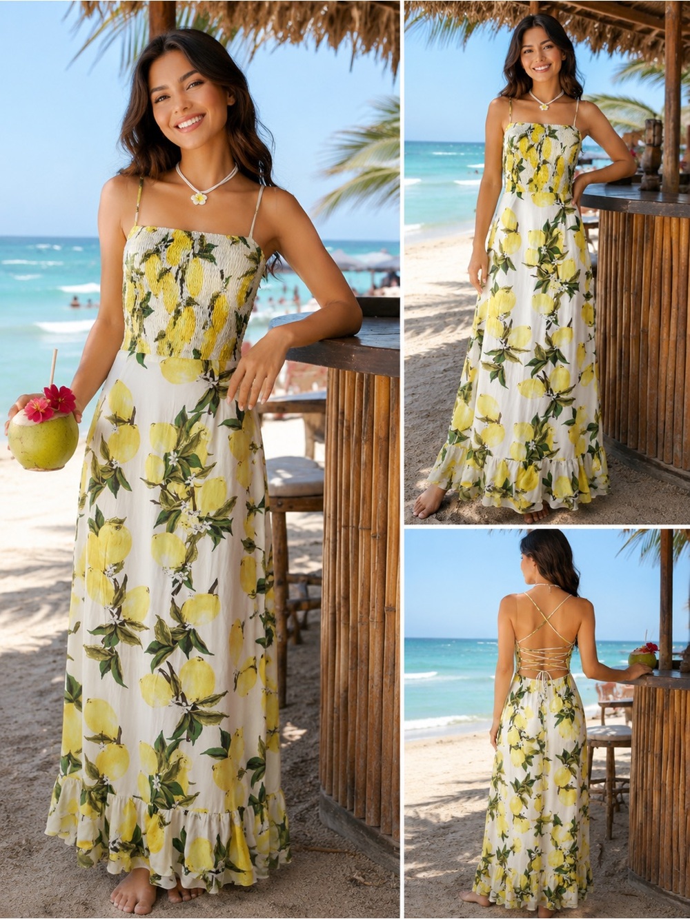 L'ATISTE White Maxi Dress with Yellow Lemon Print